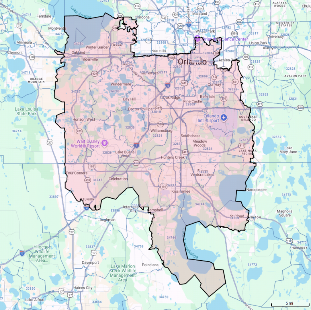south-florida-map Orlando, FL commercial cleaning service area map covering south Orange and Osceola counties
